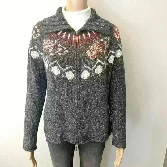 Vintage America Sweaters - Vintage Wool Blend Boho/Bohemian Relaxed Fit Zip Up Grey Cardigan Sweater